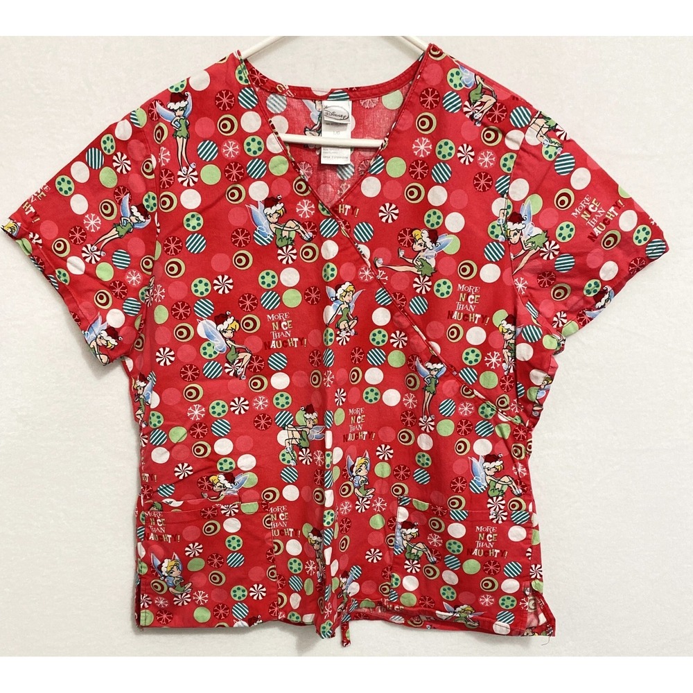 Disney Tinkerbell Christmas Scrub Top Short Sleeve Pockets Womens Size LARGE